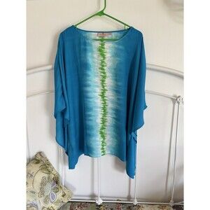 Women’s Quacker Factory Poncho Dressy Shirt Top Blue Green Summer Resort Large